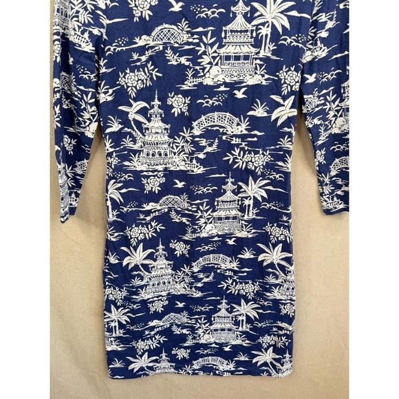 J.McLaughlin Sophia Dress Womens Blue White Tongsai Palms Print 3/4 Sleeve - Picture 5 of 10